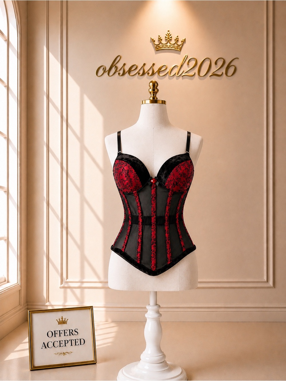 Red & Black Lace Corset Bodice with Structured Boning ♥️